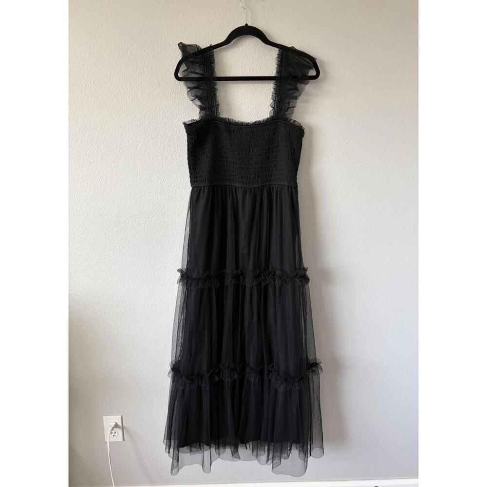 Altar'd State Black Smocked Lined Tulle Ruffle Strap Square Neck Midi Dress XL